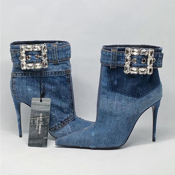 DOLCE & GABBANA Patchwork denim ankle boots with rhinestone buckle - Picture 9 of 16